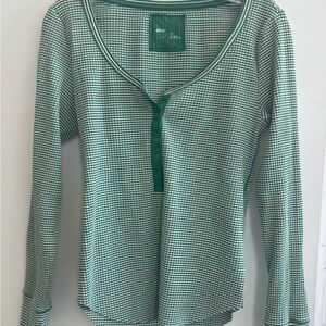 Aerie long sleeved Henley top green white & silver M 1/2 button down NWOT